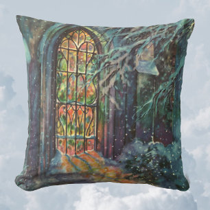 Julkyrka i vintage-stil med glasmålningfönster kudde