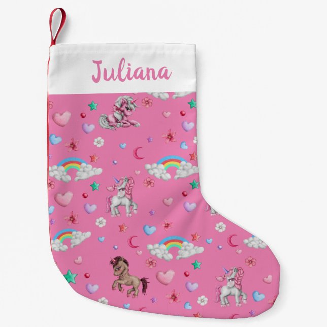 Jullager för Unicorn | Cute Unicorn Rosa Liten Julstrumpa (Framsidan)