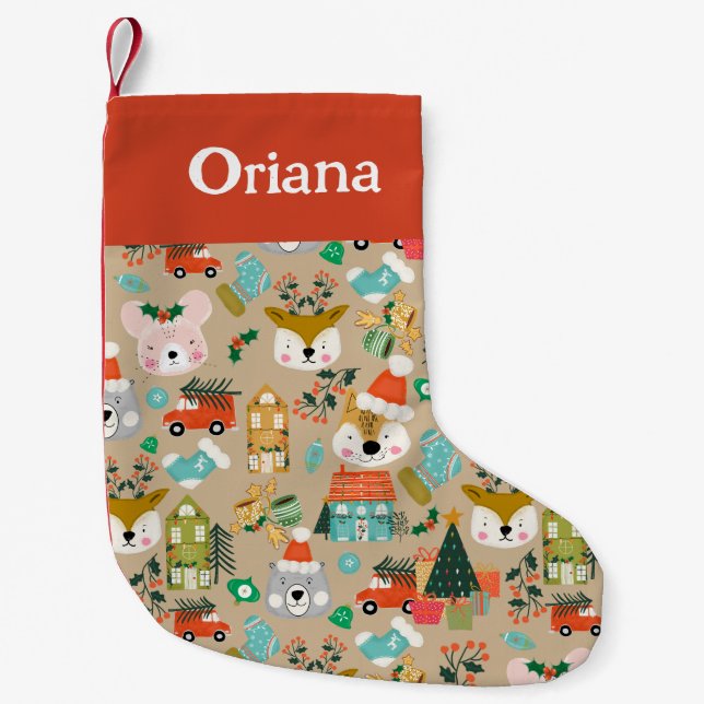 Jullager Woodland Santa Animals Beige Liten Julstrumpa (Framsidan)