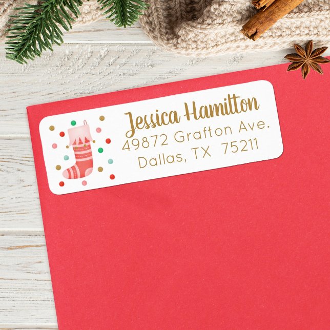 Jullagret Guld Rosa Cute Address Label Returadress Etikett (A festive holiday return address label decorated with a cute Christmas stocking)