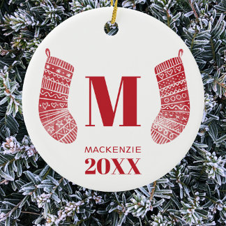Jullagret Monogram Namn Year Red White Julgransprydnad Keramik