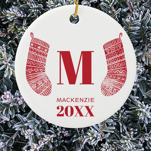 Jullagret Monogram Namn Year Red White Julgransprydnad Keramik (Scandinavian Christmas stocking personalized monogram initial name year date ornament)