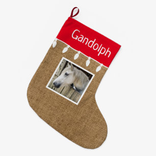Jullagret Rustic Horse 1 Photo Burlap Stor Julstrumpa