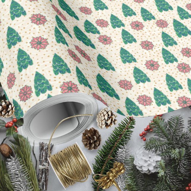 Jullapptäcket Träd och Poinsettias Presentpapper (Christmas Patchwork Trees and Poinsettias Wrapping Paper Rolls by Leapfroglisics Shop)