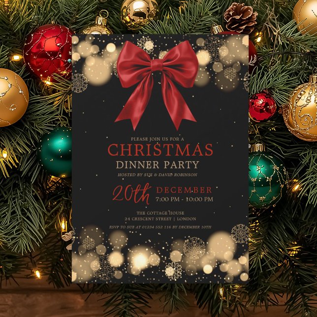 Julledagsfest Middag Jul Båge Röd Guld Inbjudningar (Xmas Holiday Dinner Party Winter Bow Red Gold Invitation)