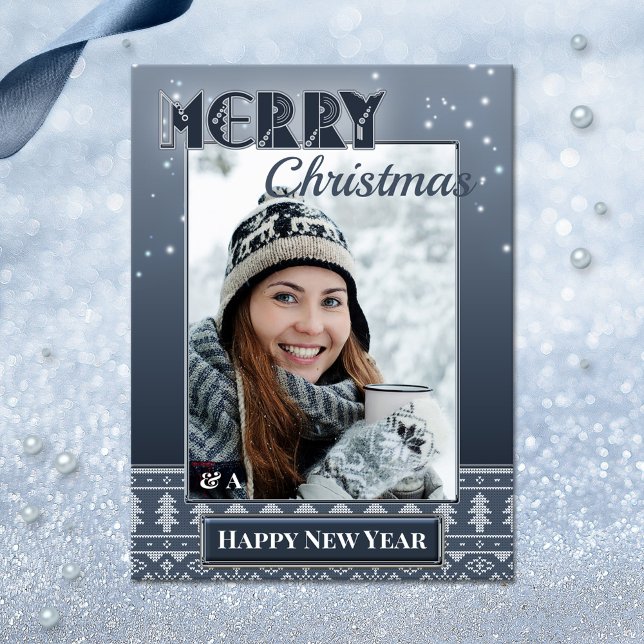 Julledagsfoto Navy Sweater Postkort Vykort (An ugly sweater photo template postcard with Merry Christmas and a Happy New Year wishes)