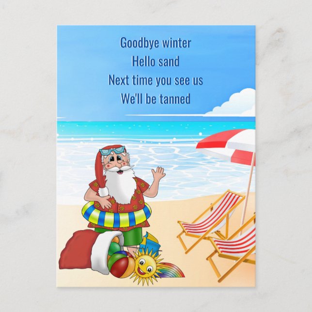Julledig flyttande tomte på stranden meddelande vykort (Framsida)