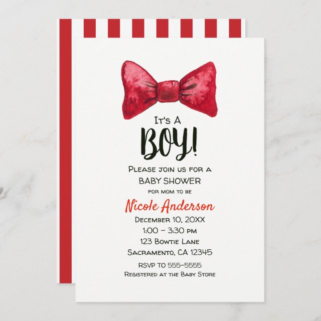 Julledig Röda Fluga Pojke Baby Shower Inbjudningar (Fram/baksida)