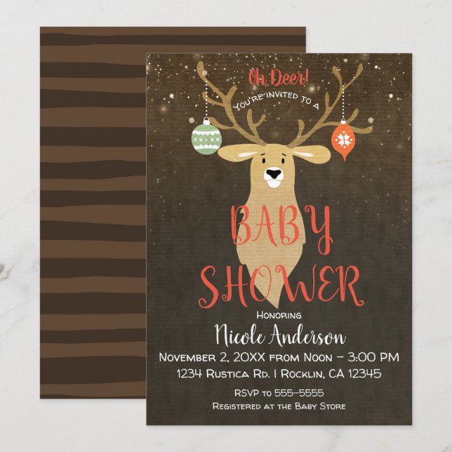 Julledig Rustikt Vinter Hjort Baby Shower Inbjudningar (Fram/baksida)