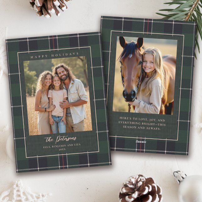 Jullediga gröna rutmönster 2-Fotokort Julkort (plaid tartan christmas photo card elegant 2 photos traditional classic scottish green)