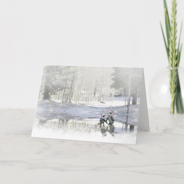 Jullediga söta pingviner på skridskor helgkort (Framsida)