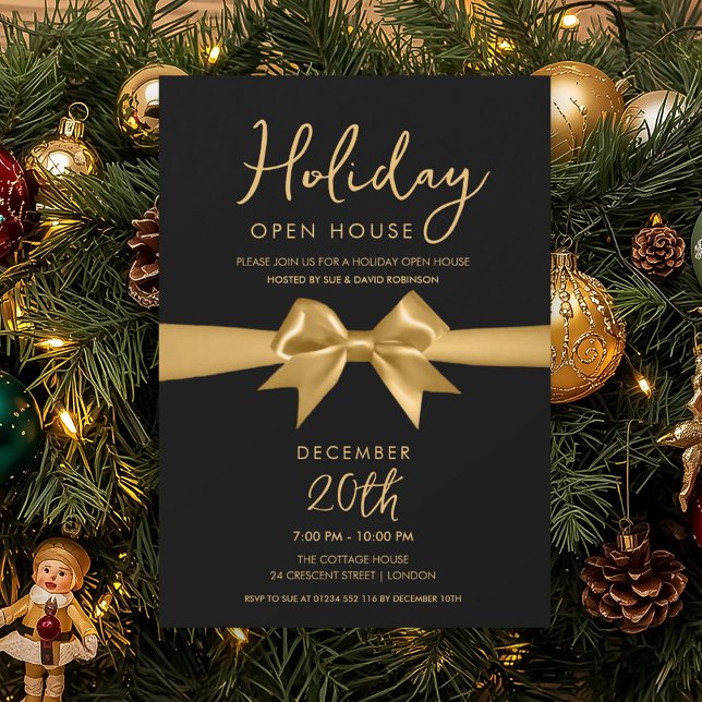 Julledigt Öppet Hus Guld Båge Svart Inbjudningar (Christmas Holiday Open House Gold Bow Black Invitation)