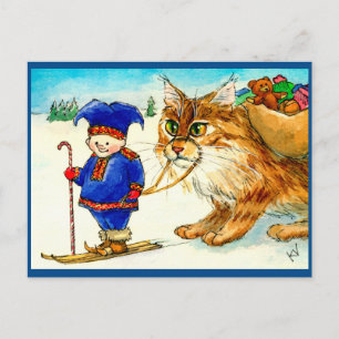 Jullef troll-katt på skidvykort vykort