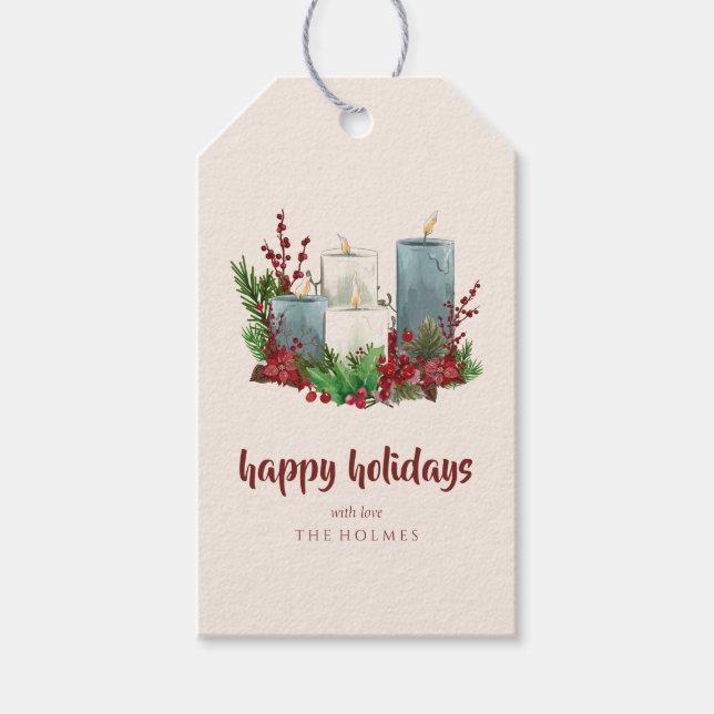 Julljus med blommor och bär presentetikett (Framsidan)