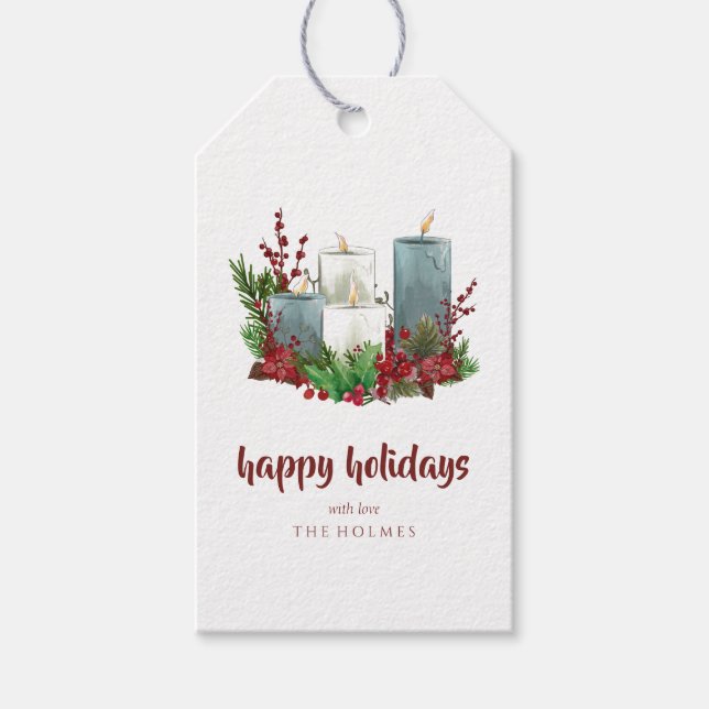 Julljus med blommor och bär presentetikett (Framsidan)