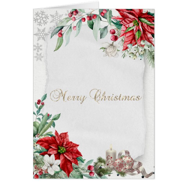 Julljus,Snöflingor,Poinsettia Jul Hälsningskort (Framsidan)