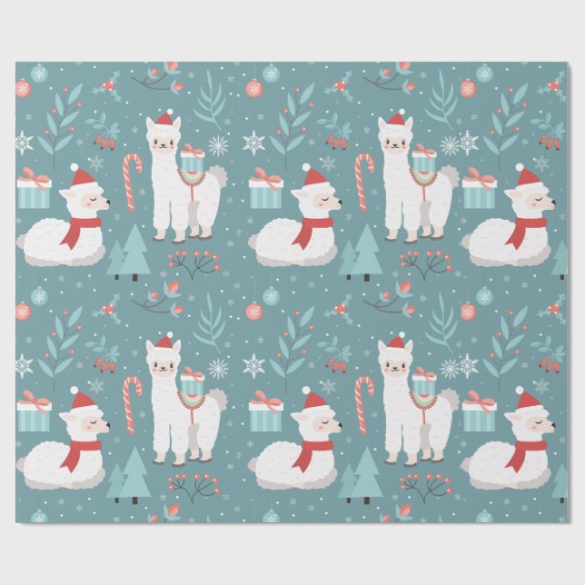 Julllama Teal Vinter Sömlöst Mönster Presentpapper (Platt)
