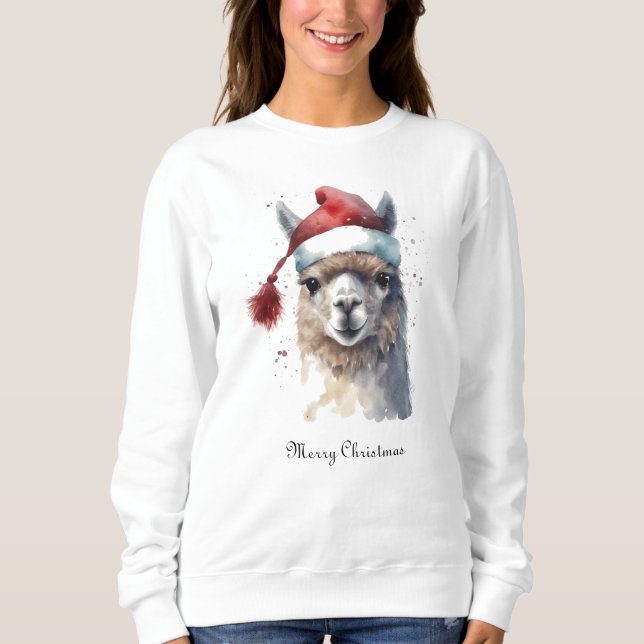 Julllama Vattenfärg Tomtehatt Anpassad Text T Shirt (Framsida)