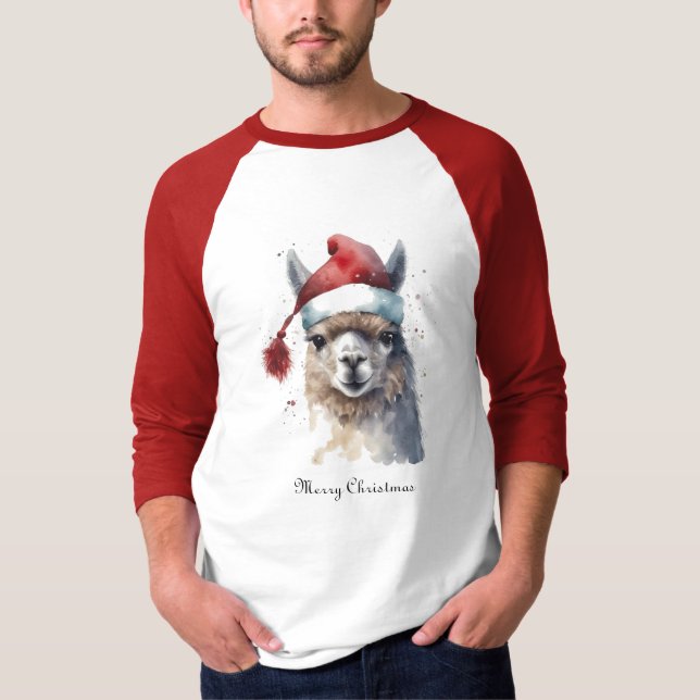 Julllama Vattenfärg Tomteluva Anpassad Text T Shirt (Framsida)