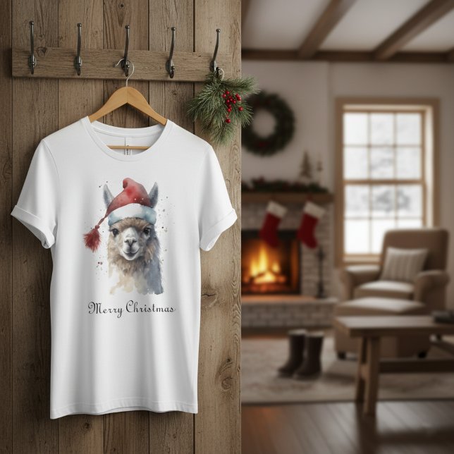 Julllama Vattenfärg Tomteluva Anpassad Text T Shirt (Skapare uppladdad)