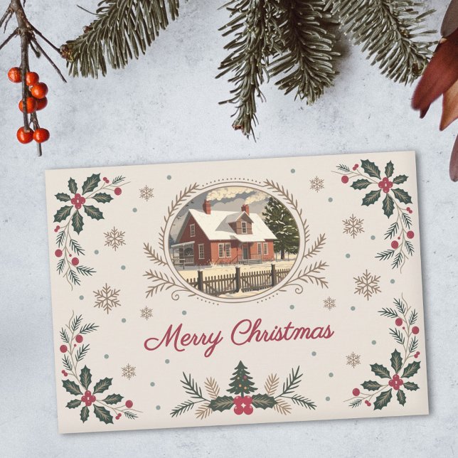 Jullönn och bär - Vintage God Jul Julkort (Holly Leaves & Berries - Vintage Merry Christmas Holiday Card)