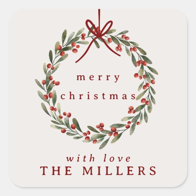 Jullövkrans med rött båge fyrkantigt klistermärke (Framsida)