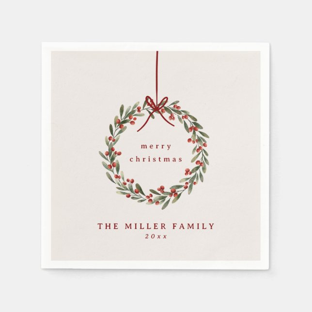 Jullövkrans med rött båge pappersservett (Framsidan)
