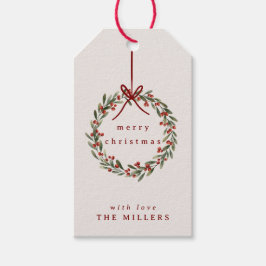 Jullövkrans med rött båge presentetikett