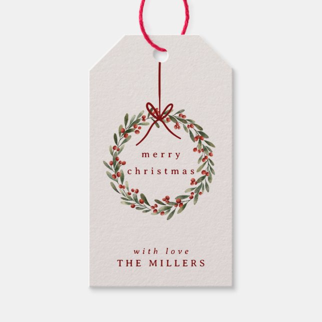 Jullövkrans med rött båge presentetikett (Framsidan)