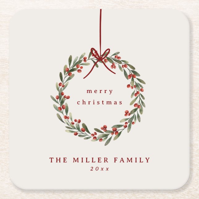 Jullövkrans med rött båge underlägg papper kvadrat (Framsidan)