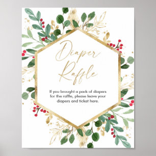 Jullövning Diaper raffle-skylt röd guld Poster