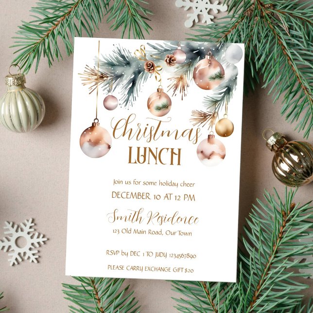 Jullunch, party-snöslynga boho-vattenfärg inbjudningar (Christmas lunch party snowy boho watercolor invitation template instant download rose gold baubles)
