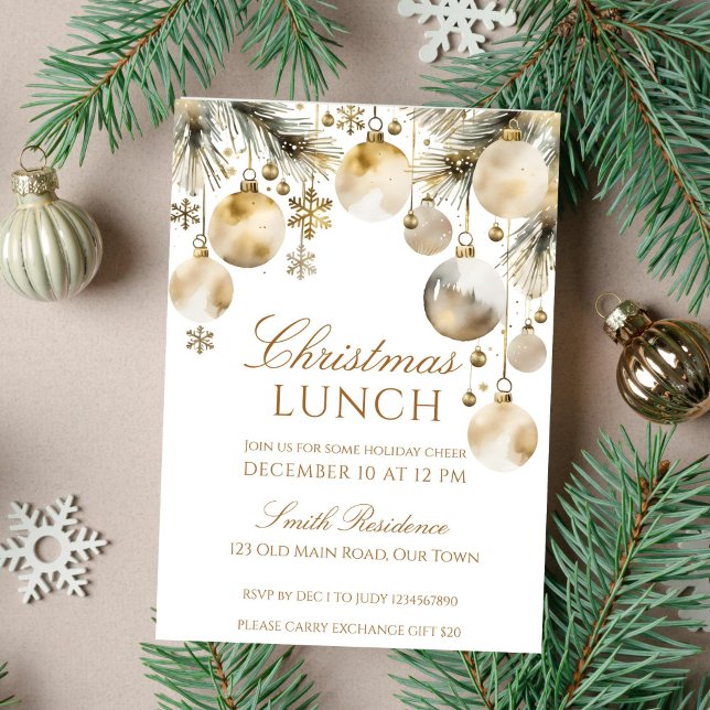 Jullunch, party-snöslynga boho-vattenfärg inbjudningar (Boho Christmas lunch party template invitation gold snowy baubles snowflakes winter wonderland)