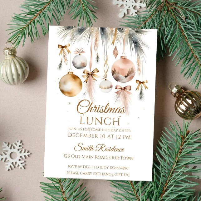 Jullunch, party-snöslynga boho-vattenfärg inbjudningar (Boho Christmas lunch template invitation instant download snowy fir trees gold brown baubles bows)