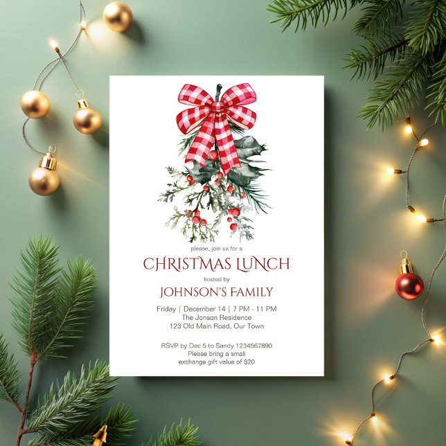 Jullunerröd fluga gräs inbjudningar (Boho Christmas lunch party invitation template red bow pines red berries invitation)