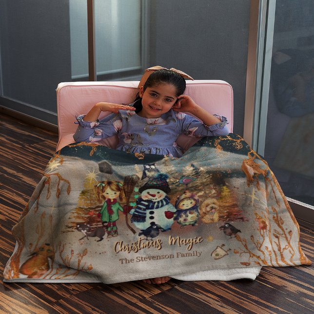 Julmagasin med Snögubbe och vänner Fleecefilt ( Cute animals and kids Christmas blue Fleece Blanket  girl mockup)