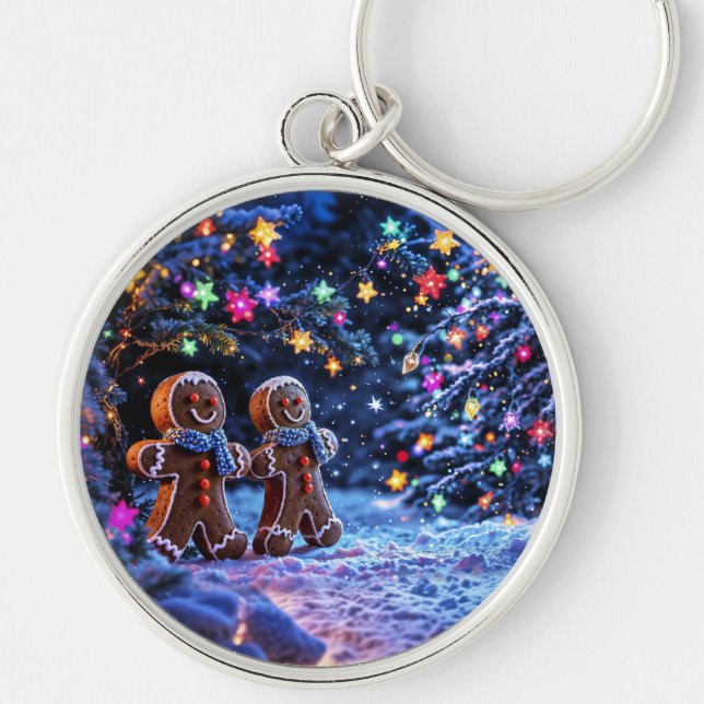 Julmagi pepparkaksgubbe snö rund silverfärgad nyckelring (Framsidan)