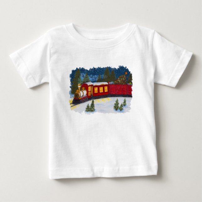 Julmagisk Vintage Röd Ångtåg T-Shirt (Framsida)