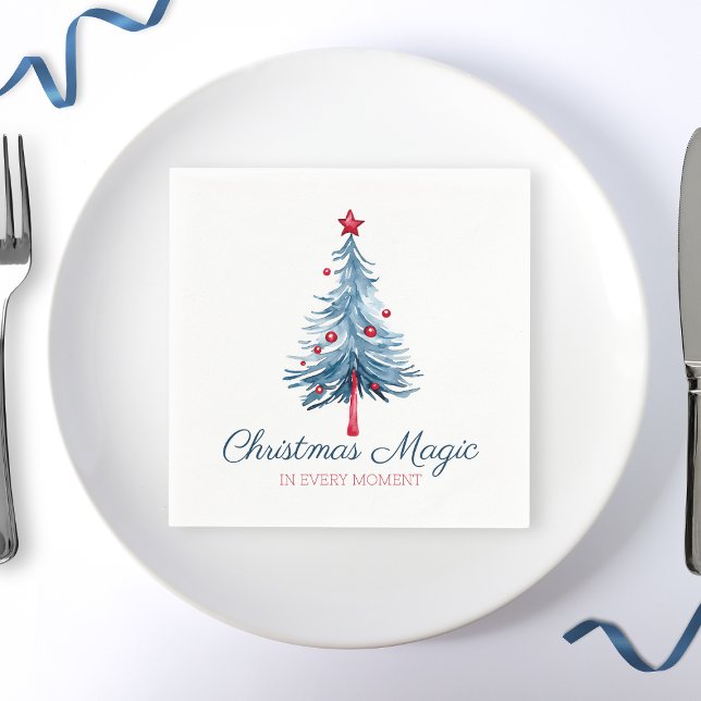 Julmagiska blått och Röda vattenfärgen Träd Pappersservett (Christmas Magic Blue and Red Watercolor Tree Napkins)