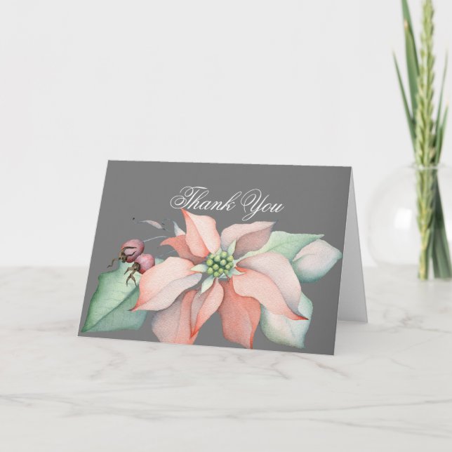 Julmagiska Bröllop/Poinsettia/Grått bkg Tack Kort (Framsida)
