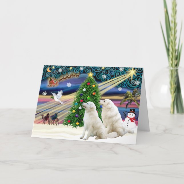 Julmagiska Kuvasz (två) Helgkort (Framsida)