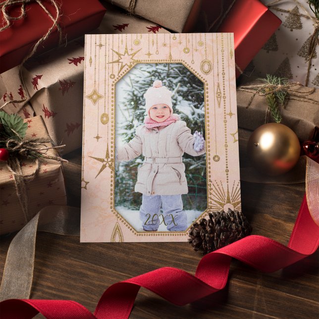 Julmagiska Rosan Guld Stars Foto Julkort (Christmas Magic Pink Gold Stars Holiday Card - 1 Photo)