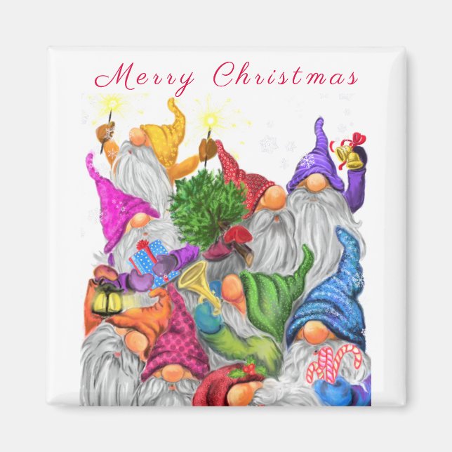 Julmagnet Gift med Lycklig Gnome Party Magnet (Framsidan)