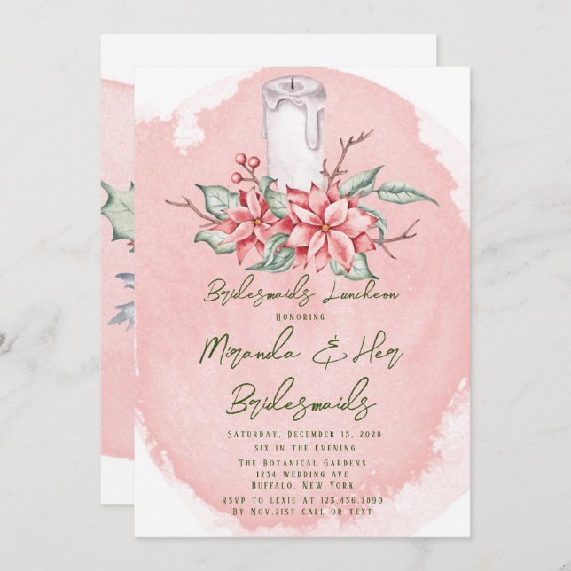Julmålad Poinsettia Bridesmaids Luncheon Inbjudningar (Fram/baksida)