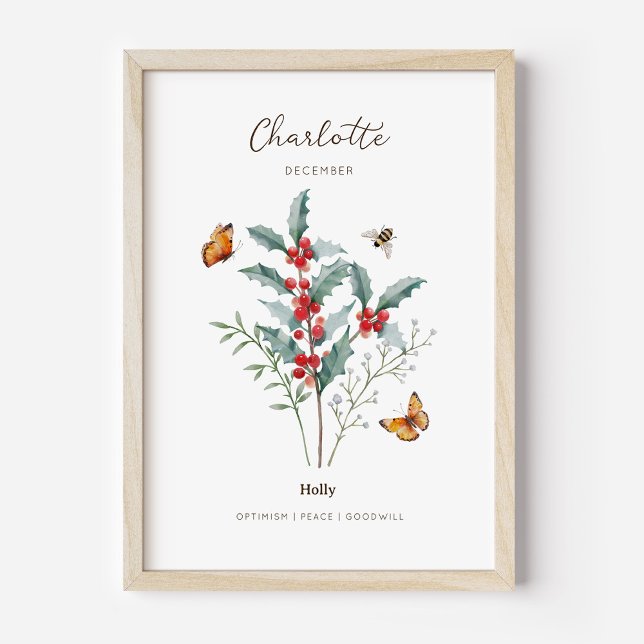 Julmånadens födelsemånad blommor affisch (Example of holly birth flower poster once framed. )