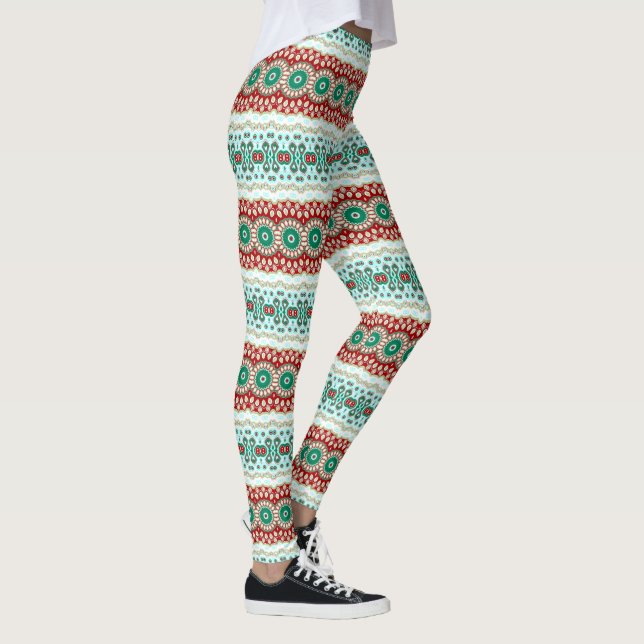 Julmandala i rött, grönt och frostigt blått leggings (Höger)