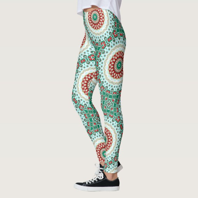 Julmandala i rött, grönt och frostigt blått leggings (Vänster)