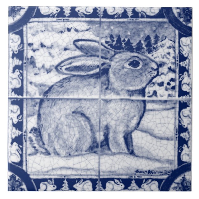 Julmarblå vit Snö Bunny Dedham Delft Kakelplatta (Framsidan)