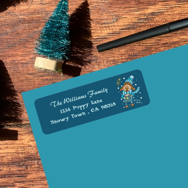 Julmariblåa returetiketter returadress etikett (Cute dog drinking hot cocoa Holiday blue return address labels .)