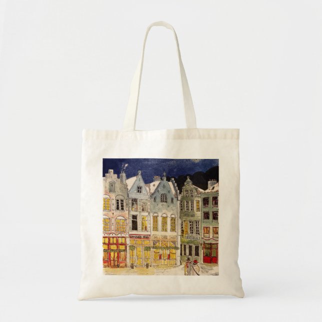 Julmarknaden Belgien Retro-inspirerad vattenfärg Tygkasse (Framsidan)